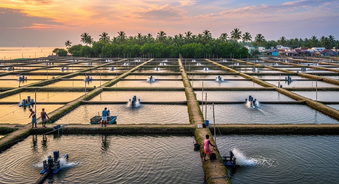 Cría de camarones en la India (imagen generada por IA).