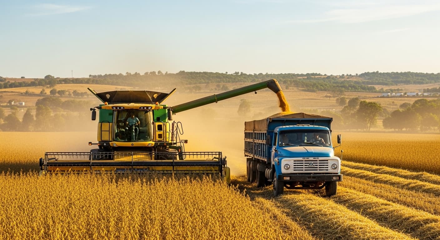एक कम्बाइन हार्वेस्टर नाइजीरिया में सोयाबीन के दाने एक ट्रक में लोड कर रहा है (AI-जनित छवि)
