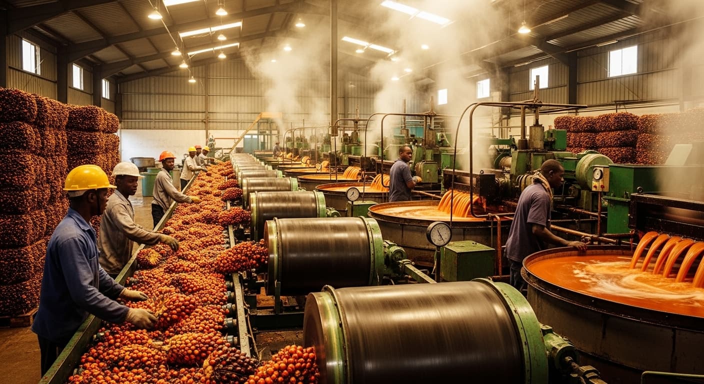 A crude palm oil production line (AI-generated image).