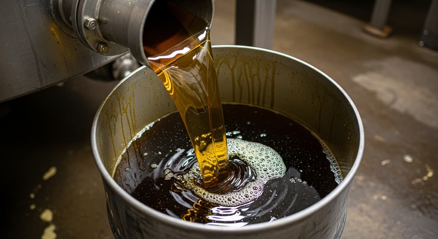 粗大豆油がドラム缶に注がれている（AI生成画像）