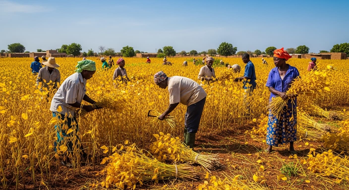 Agricultores nigerianos cosechando soja (imagen generada por IA)