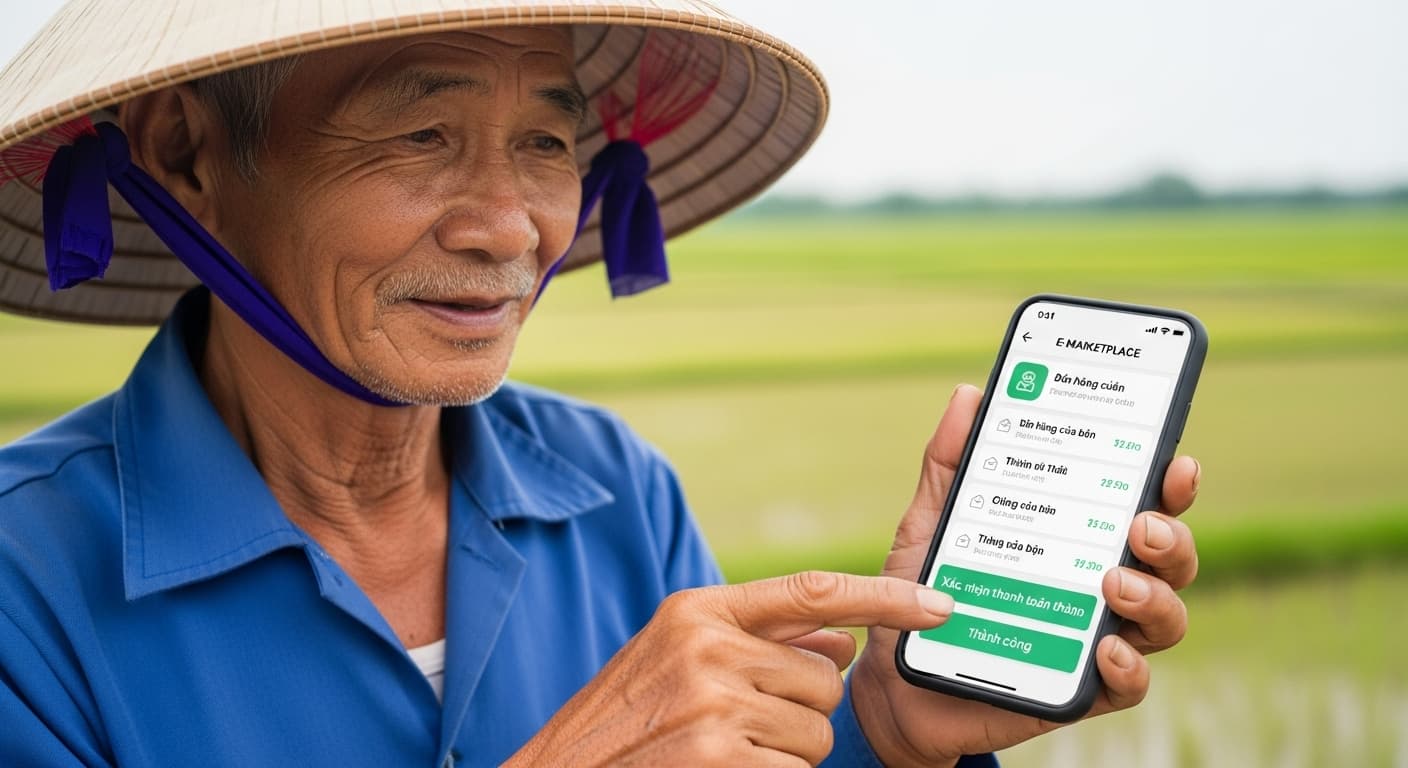 A Vietnamese farmer is holding a smartphone that displays a simple e-marketplace UI with orders and payment confirmations (AI-generated image).