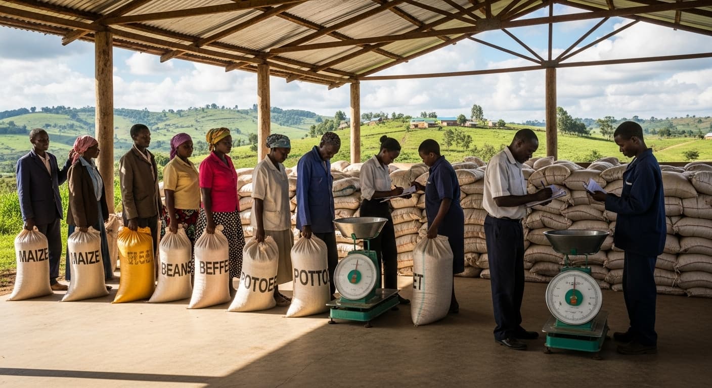 Farmers are lining up with labeled sacks at a well-organized rural collection point in Kenya (AI-generated image).