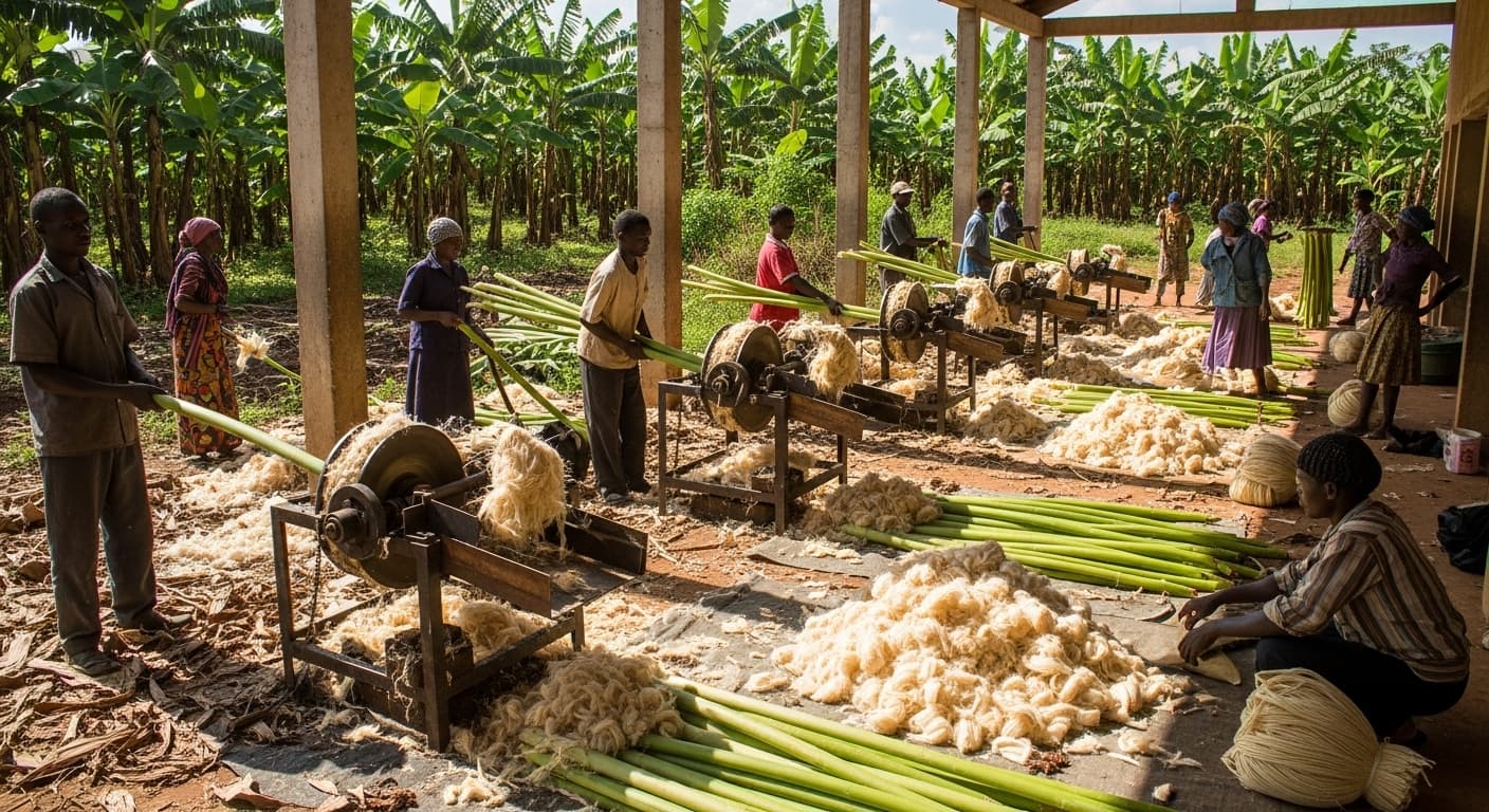 ウガンダのバナナ繊維抽出機（AI生成画像）