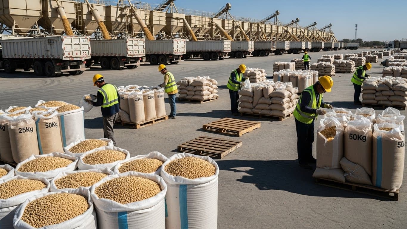 Bãi tập kết công nghiệp với xe tải chở đậu nành số lượng lớn và công nhân đang kiểm tra các bao đay/PP 25 kg và 50 kg. (Hình ảnh do AI tạo)