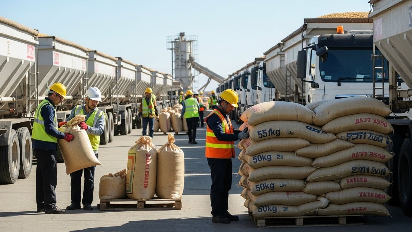 Un patio de agregación industrial con camiones de soja a granel y trabajadores inspeccionando sacos de yute/PP de 25 kg y 50 kg. (Imagen generada por IA)