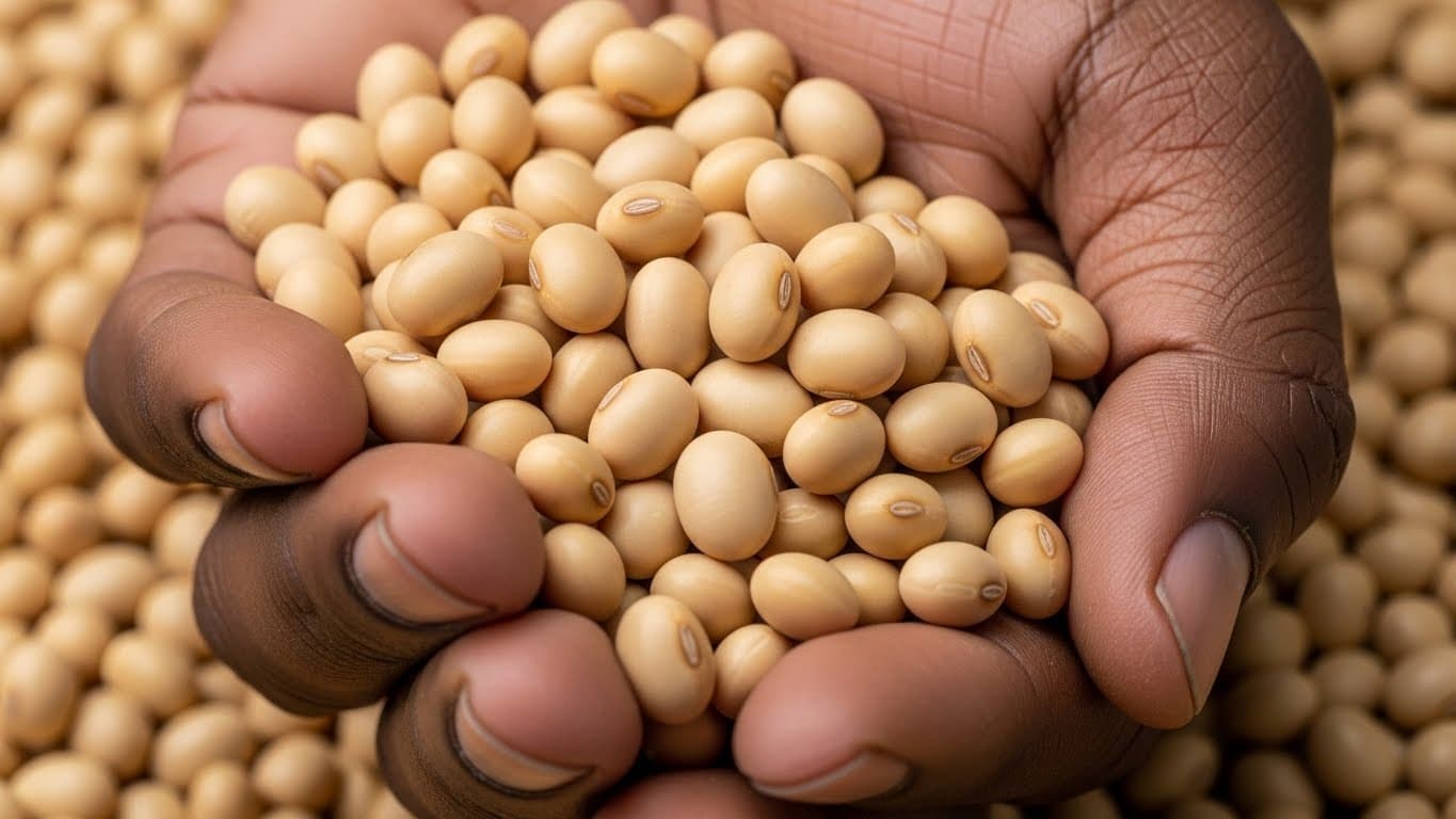 Une main nigériane tenant une poignée de graines de soja nettoyées (image générée par l'IA)
