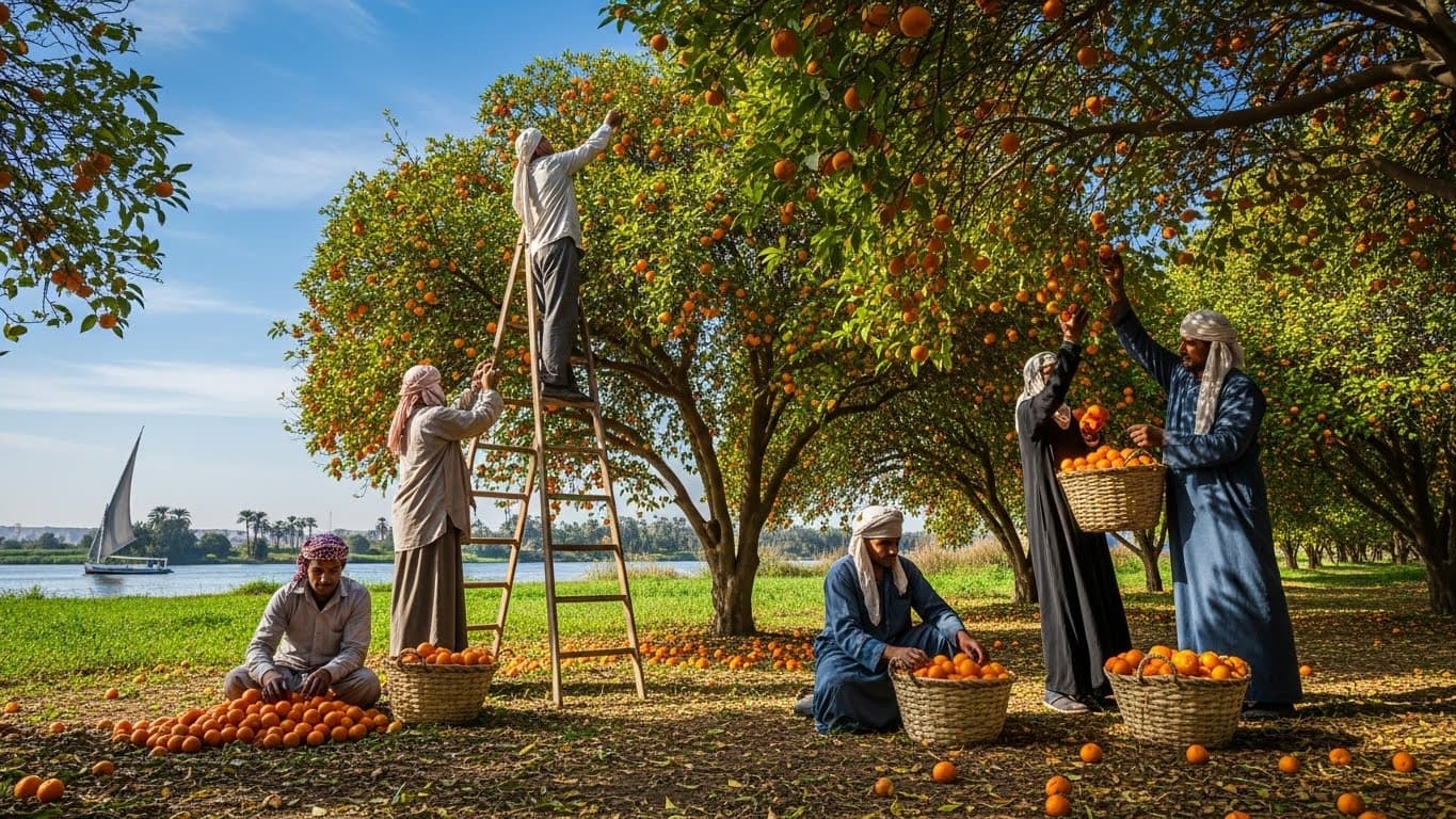 エジプトの農家がミカンを収穫している（AI生成画像）。