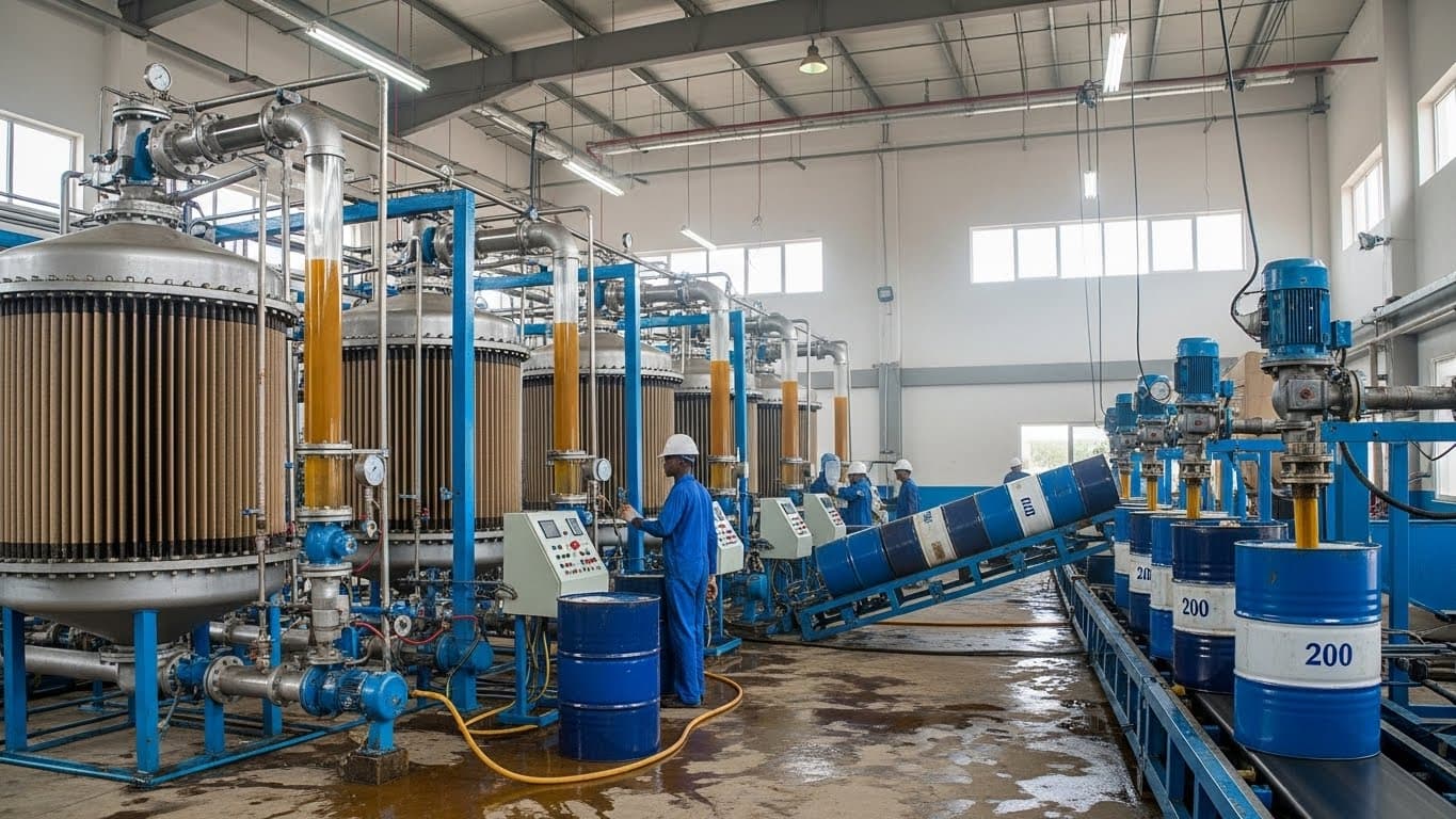 ナイジェリアの粗大豆油製油所内のろ過工程とドラム詰めエリア。（AI生成画像）