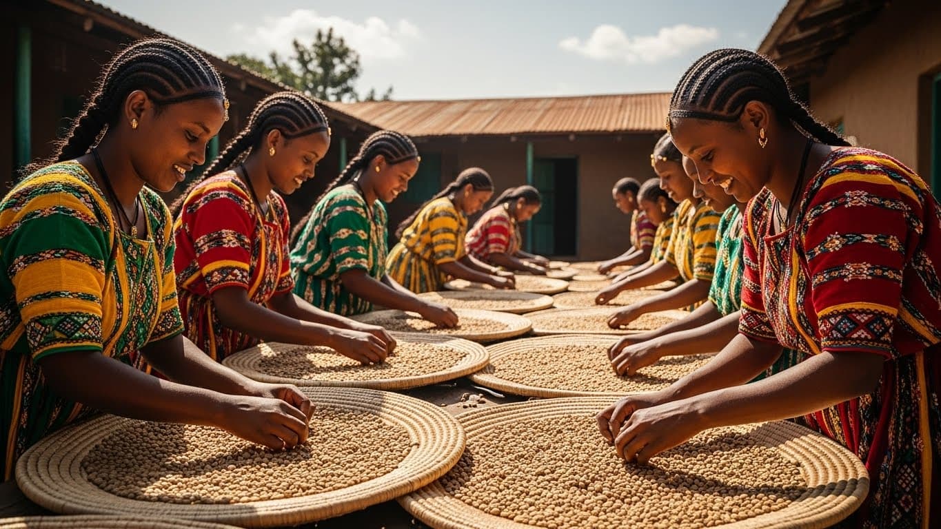 Women hand-sorting coffee beans in Ethiopia (AI-generated image).