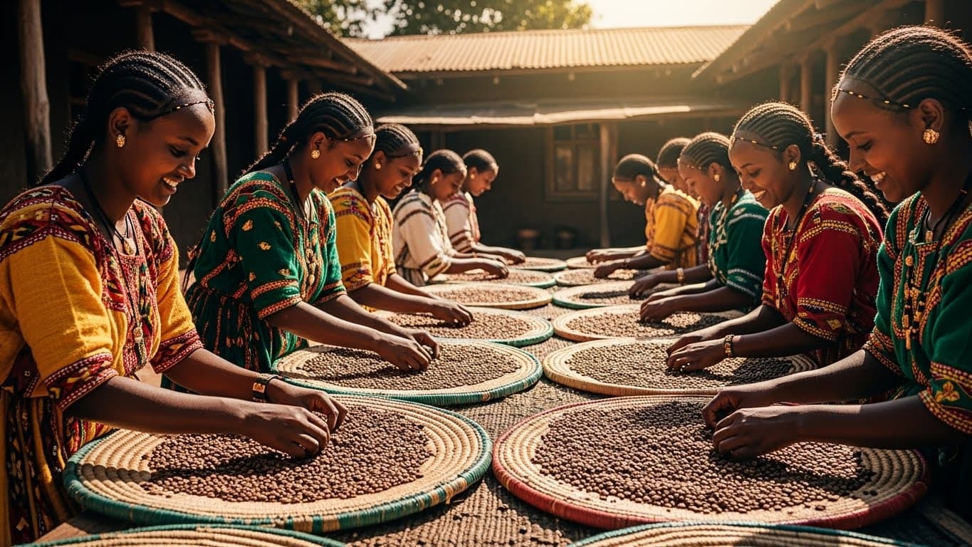 Femmes triant à la main des grains de café en Éthiopie (image générée par IA).