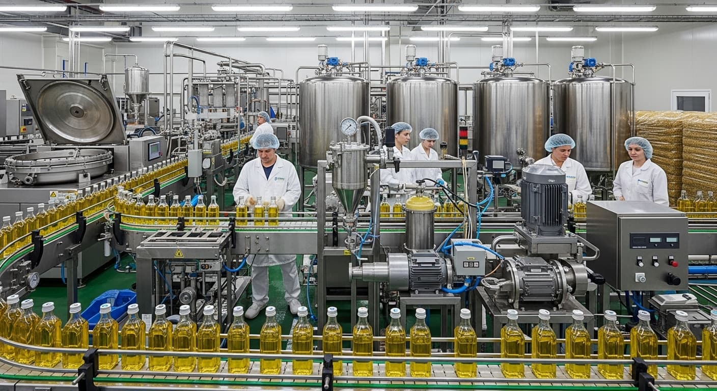 A production line for refined sunflower oil (AI-generated image).