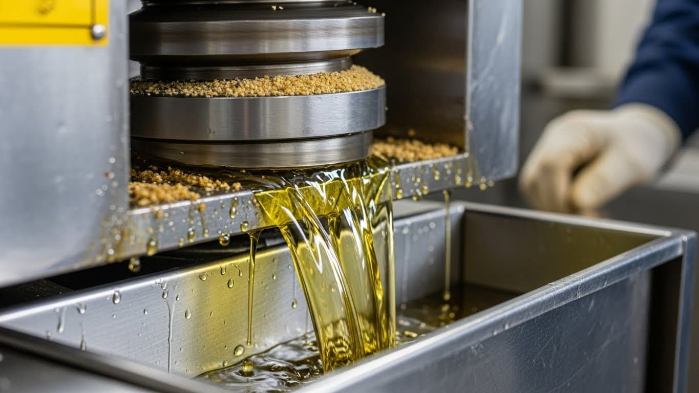 Prensa mecánica de tornillo en funcionamiento: torta de soja siendo comprimida mientras el aceite crudo caliente fluye hacia canales de acero inoxidable. (imagen generada por IA)