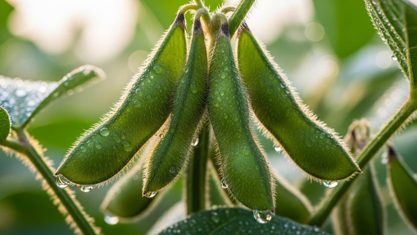 Ảnh macro cận cảnh 4K của quả đậu nành không biến đổi gen (giống TGX) trên cây (hình ảnh do AI tạo).