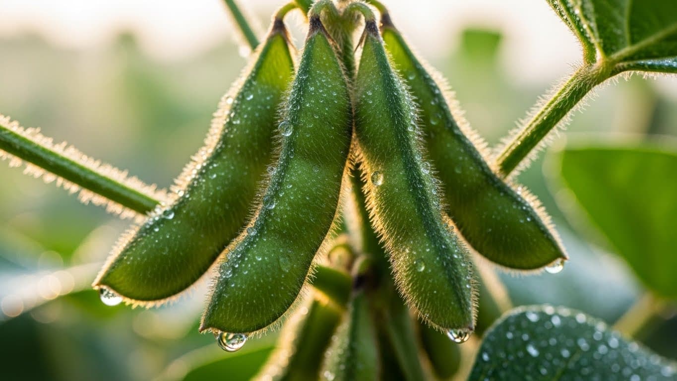 Gros plan macro 4K de gousses de soja non OGM (variété TGX) sur la plante (image générée par IA)