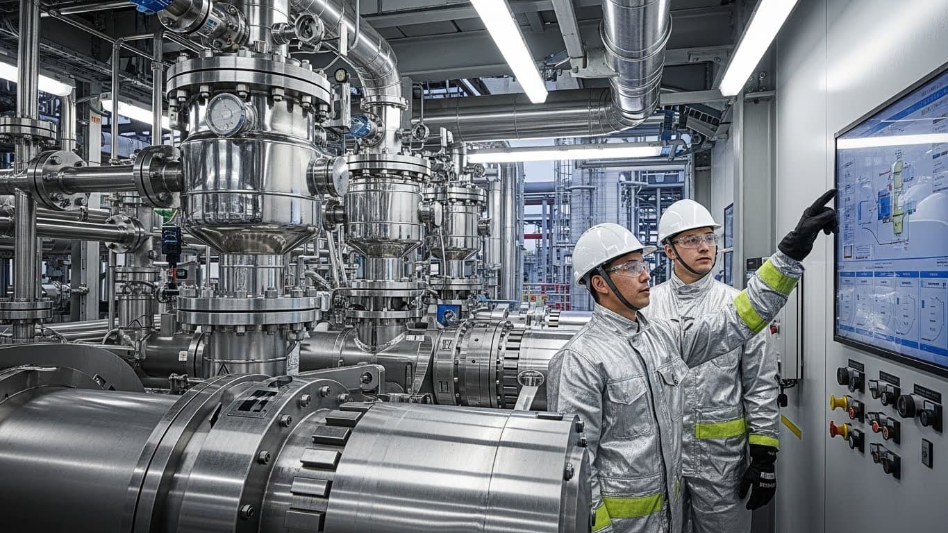 Équipement de filtration d'huile de tournesol dans une raffinerie, avec des techniciens en EPI surveillant des écrans (image générée par IA)