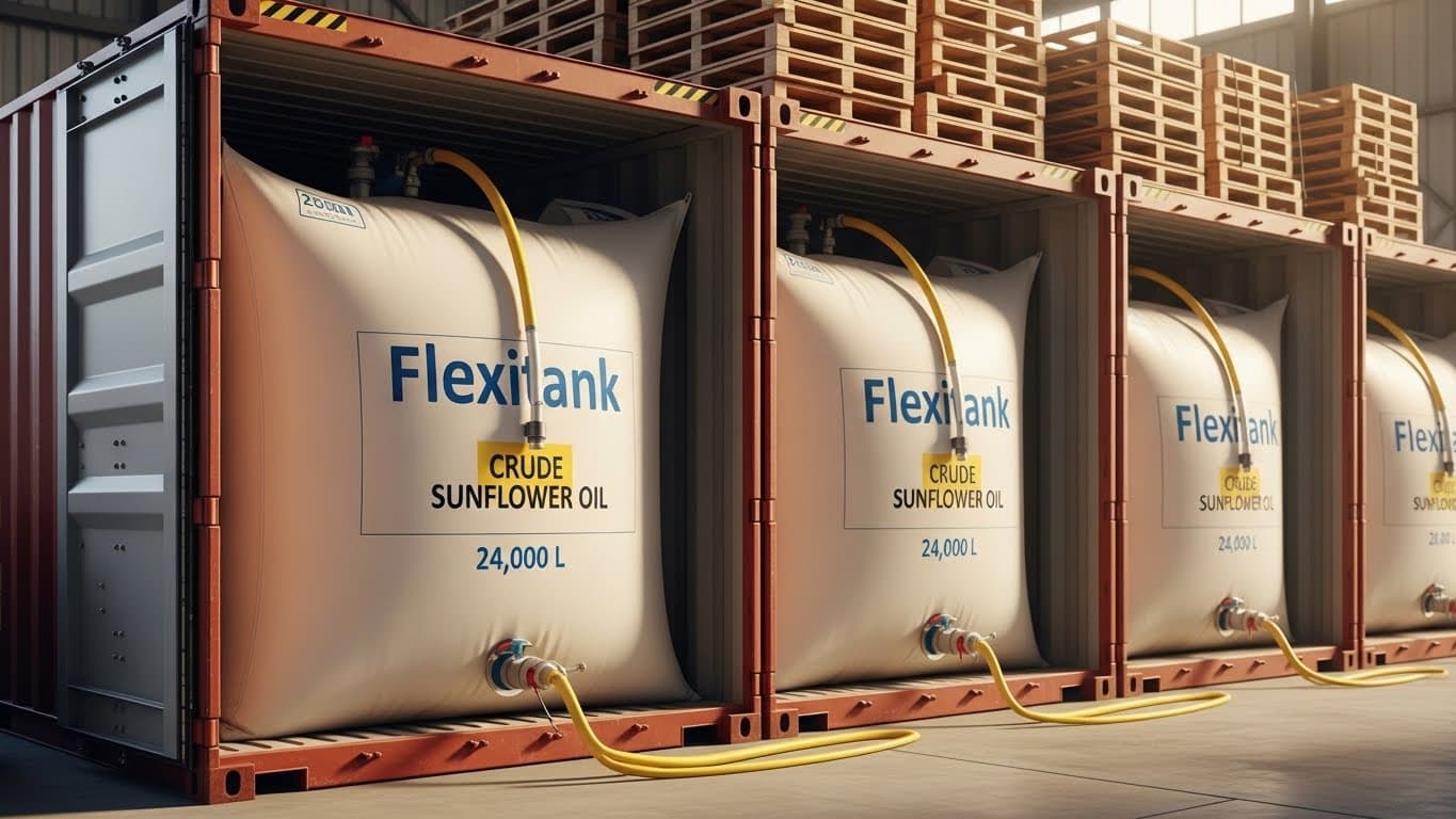 Entrepôt en Tanzanie montrant plusieurs flexitanks de 24,000 L d'huile de tournesol brute à l'intérieur de conteneurs maritimes standard de 20 pieds (image générée par IA).