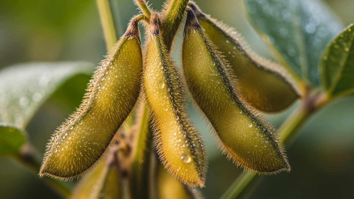 Cảnh cận cảnh macro 4K của các quả đậu nành chín trên cây với những giọt sương buổi sáng (hình ảnh được tạo bởi AI)