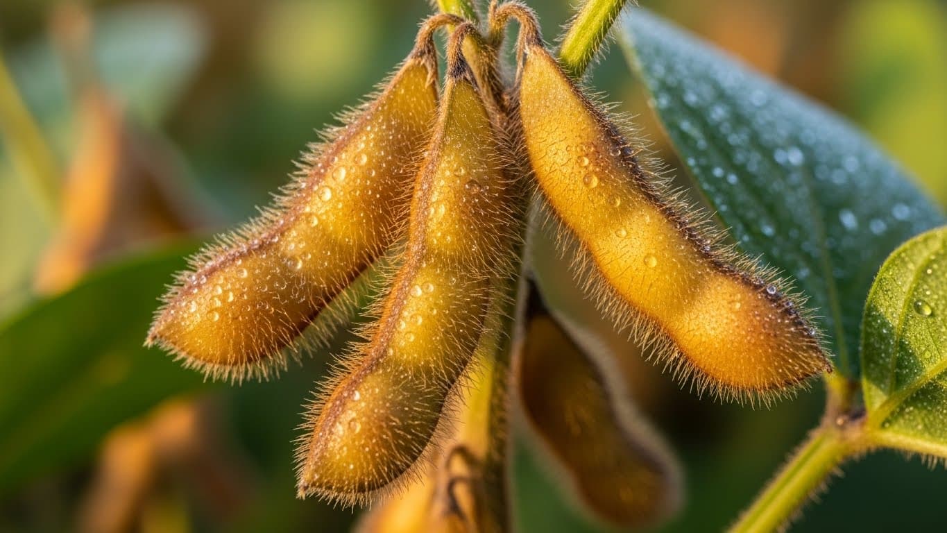 朝露がついた植物上の熟した大豆のさやの4Kマクロ接写（AI生成画像）。