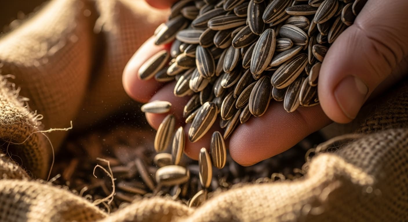 لقطة مقرّبة جداً لبذور عباد الشمس تتساقط من يد مزارع إلى كيس من الخيش (صورة مولّدة بالذكاء الاصطناعي)