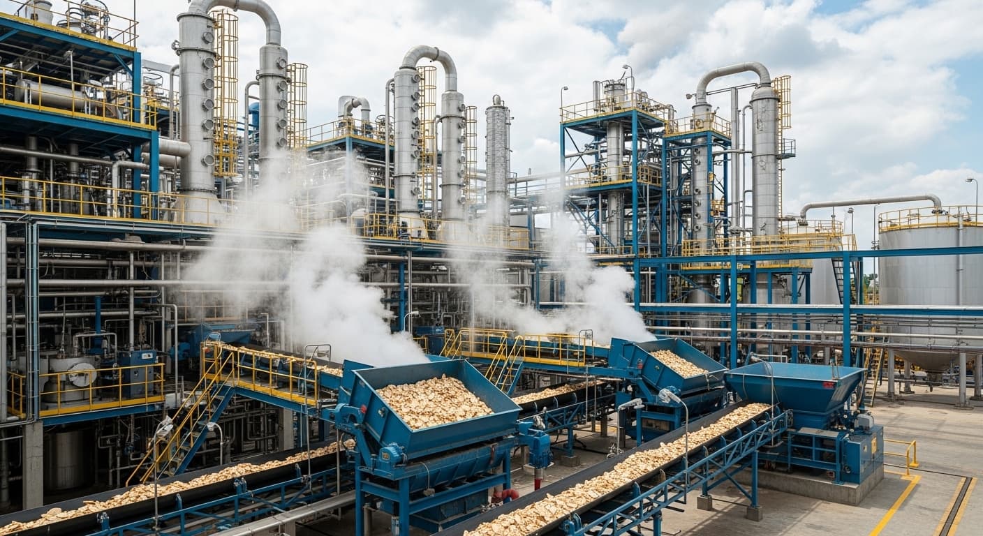 Planta de etanol en funcionamiento que utiliza chips de yuca como materia prima (imagen generada por IA)