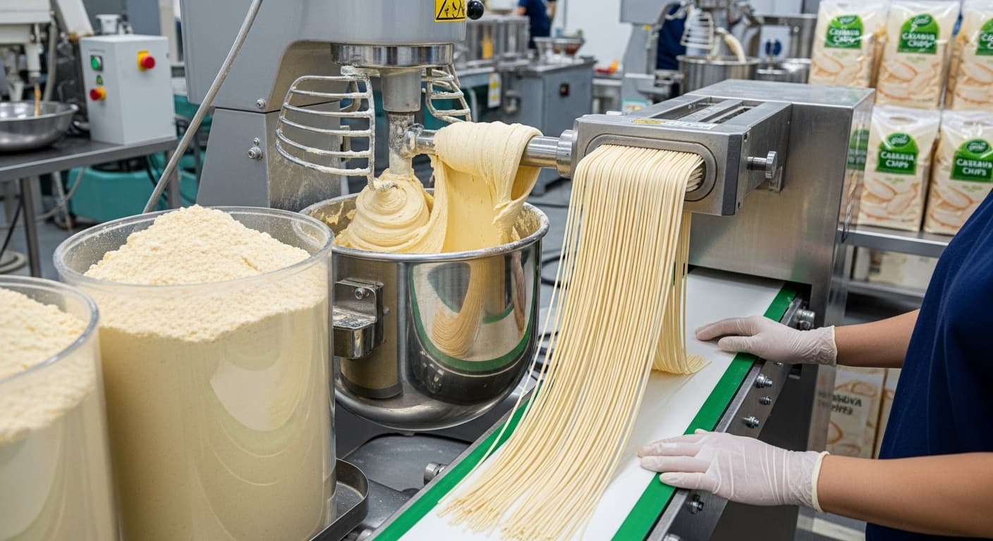 キャッサバチップを原料として使用したグルテンフリー麺の製造（AI生成画像）