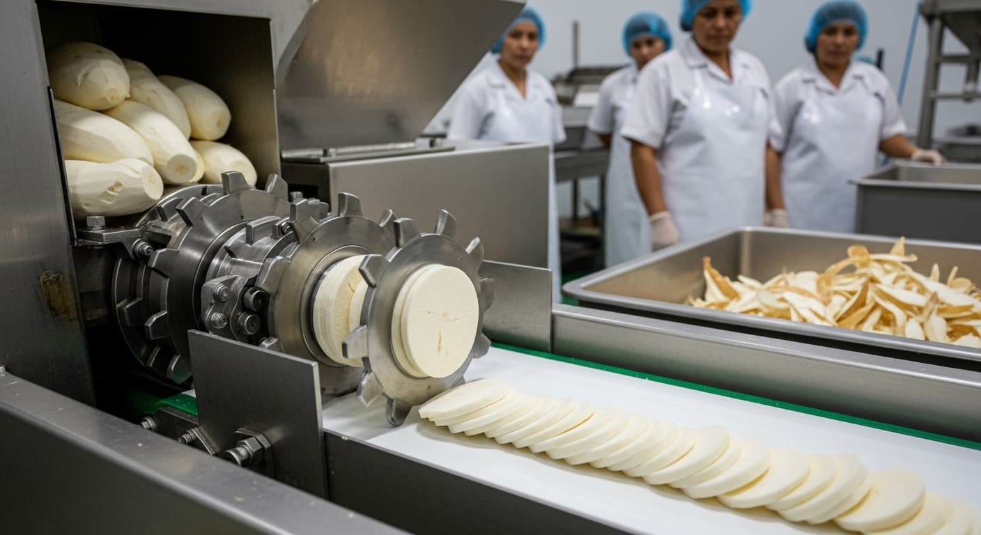 キャッサバスライサーのラインが、皮をむいたキャッサバの根を丸いスライスに切断している様子（AI生成画像）