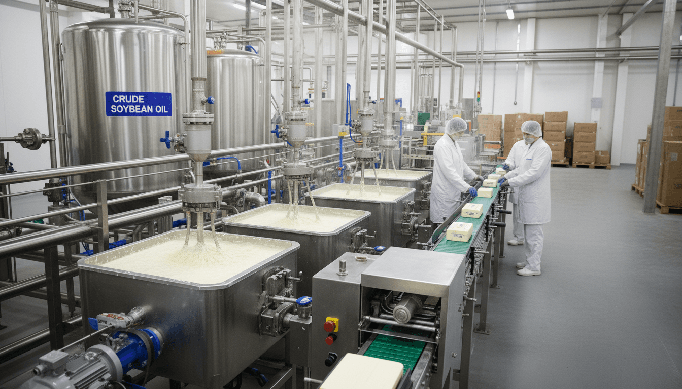 कच्चे सोयाबीन तेल को घटक के रूप में उपयोग करने वाली मार्जरीन उत्पादन लाइन (एआई-जनित छवि)
