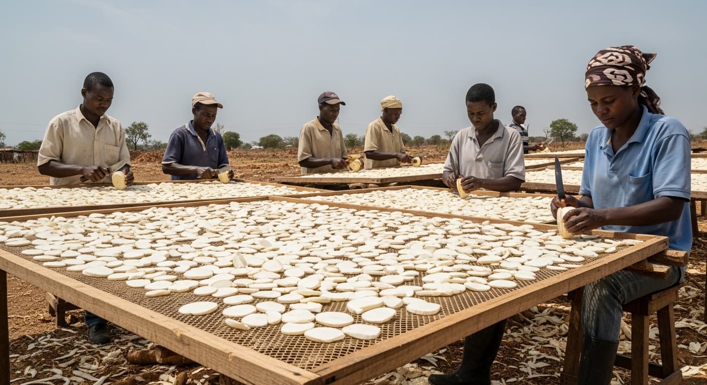 작업자들이 나무 선반 위에서 카사바 덩이줄기를 수작업으로 껍질을 벗기고 얇게 썹니다 (AI 생성 이미지)
