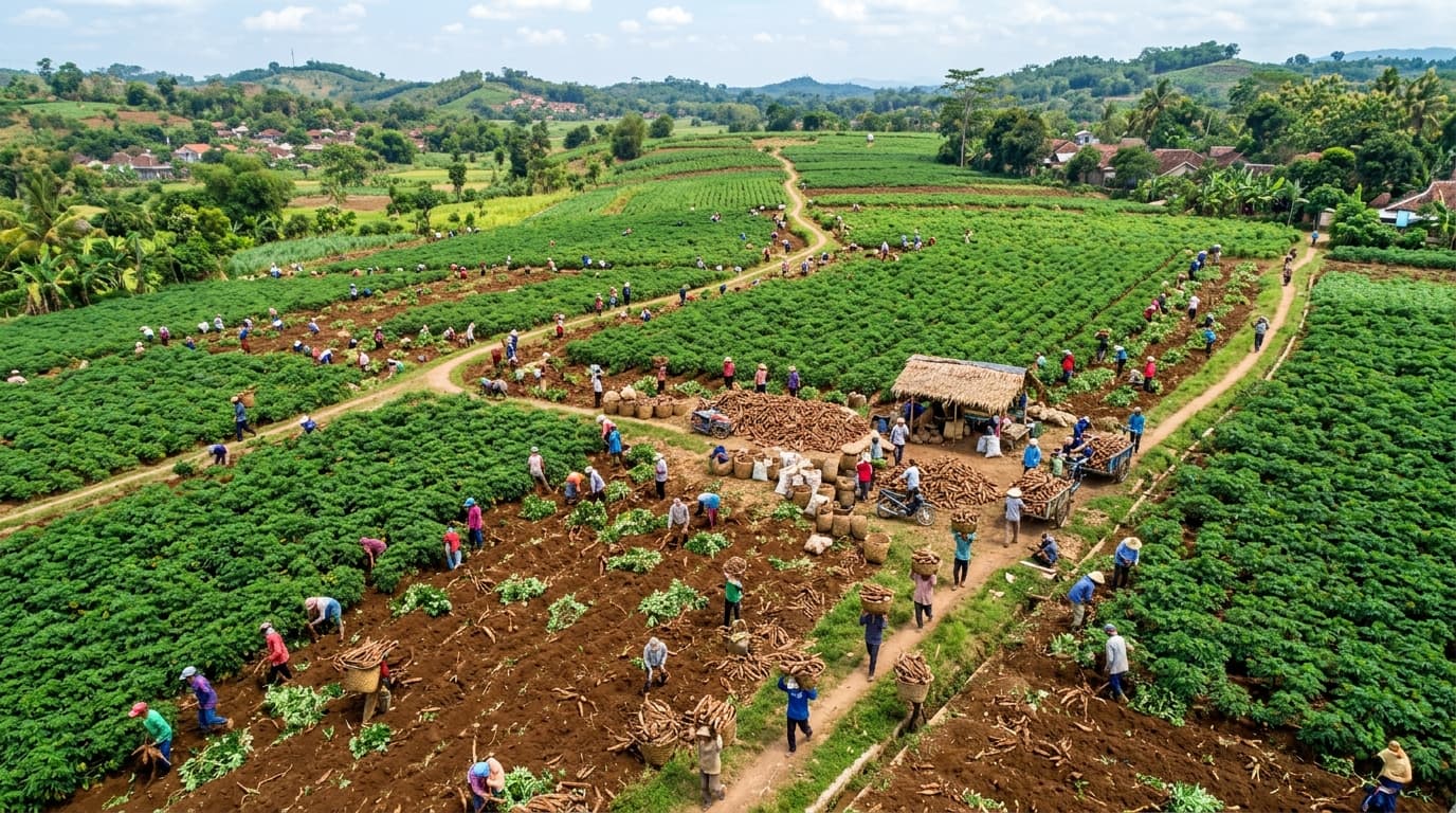 صورة جوية لحقول الكسافا الشاسعة في موسم الحصاد، مع مزارعين صغار يحملون الدرنات (صورة مُنشأة بواسطة الذكاء الاصطناعي)
