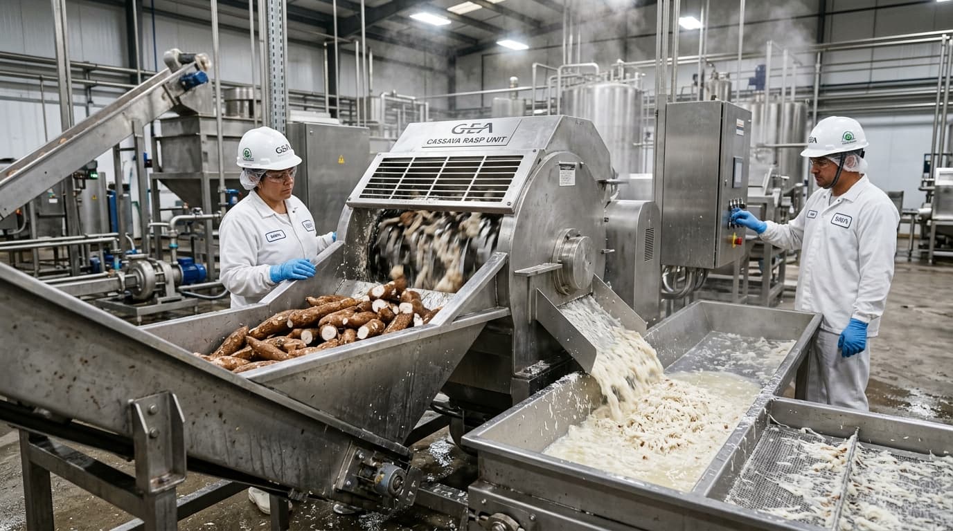 تصنيع نشا الكسافا داخل مصنع معالجة حديث في نيجيريا. تتحرك جذور الكسافا الطازجة على ناقل من الفولاذ المقاوم للصدأ نحو آلة قوية للبرش/السحق مزودة بشفرات دوّارة تقوم ببرش الجذور بدقة. يتدفق معجون لبّ الكسافا الرطب من وحدة البرش إلى قناة تجميع، مظهراً ألياف الكسافا المكسورة وسائلًا غنيًا بالنشا. تظهر في الخلفية معدات صناعية من الفولاذ المقاوم للصدأ وأنابيب وخزانات معالجة. (صورة مولدة بالذكاء الاصطناعي)