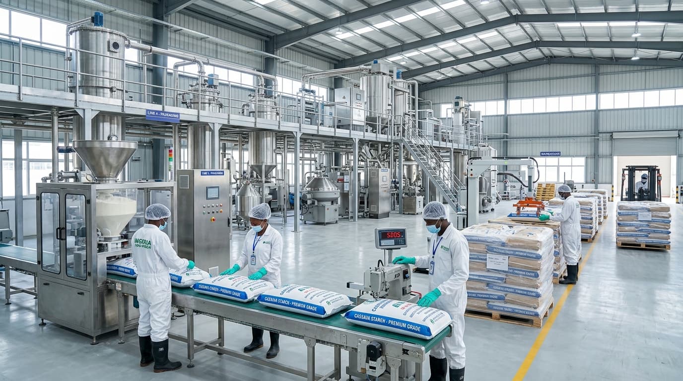 الجزء الداخلي من مصنع حديث لمعالجة نشا الكسافا — آلات من الفولاذ المقاوم للصدأ، عمال يفحصون خطوط التعبئة، منصات عليها أكياس بوزن 50 كغ، إضاءة صناعية ساطعة، بيئة فائقة النظافة. الموقع: نيجيريا. (صورة مُنشأة بالذكاء الاصطناعي)