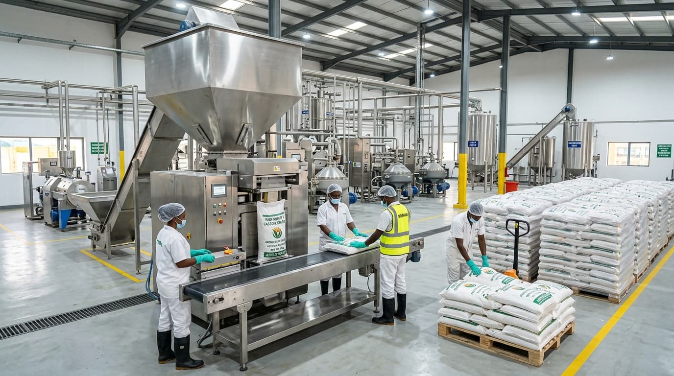 Interior de una moderna planta de procesamiento de almidón de yuca — maquinaria de acero inoxidable, trabajadores inspeccionando las líneas de envasado, palés de sacos de 50 kg, iluminación industrial brillante, entorno ultra limpio. Ubicación: Nigeria. (Imagen generada por IA)