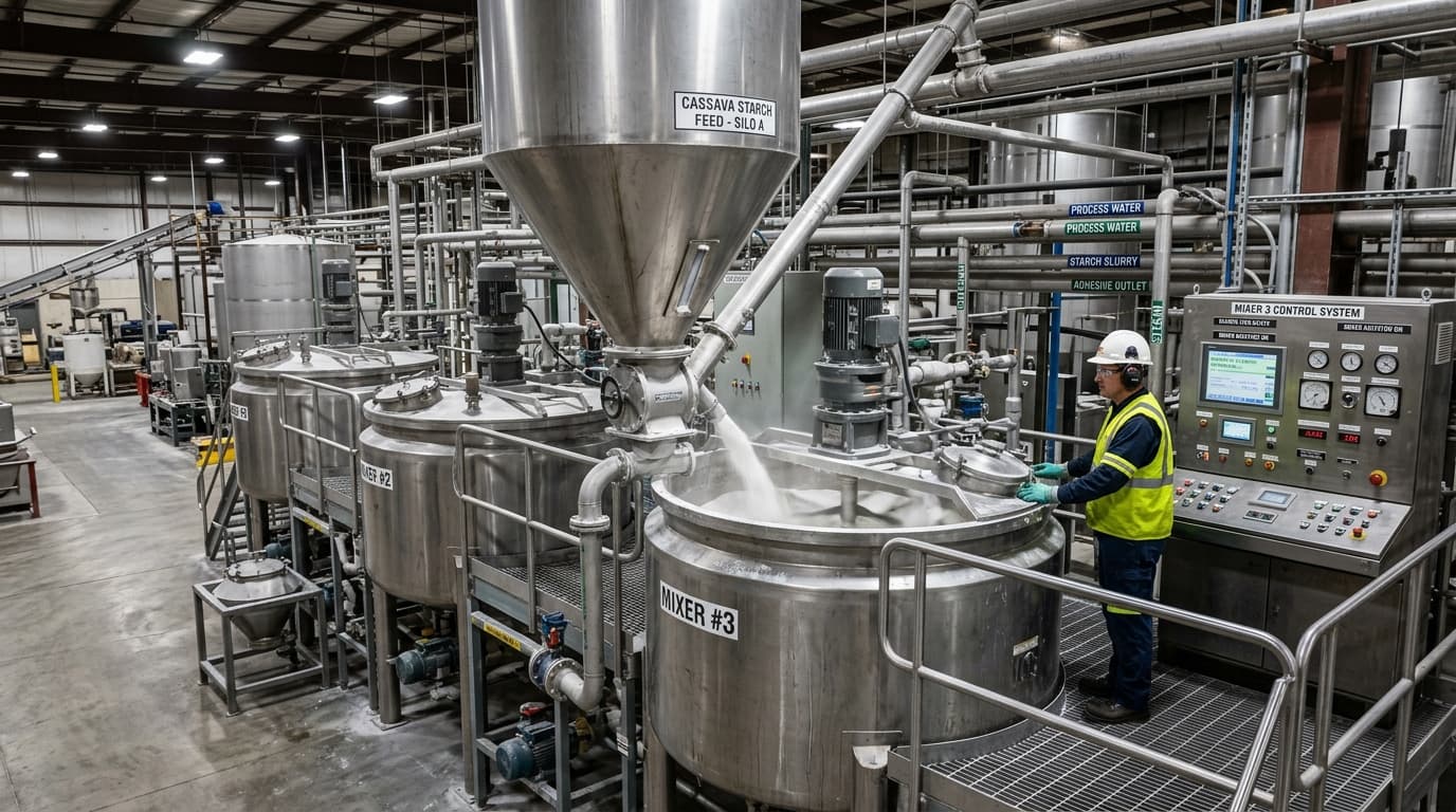 خط إنتاج للمواد اللاصقة الصناعية أو لصناعة الورق حيث يتم إدخال نشا الكسافا إلى الخلاطات — آلات وأنابيب ولوحات تحكم (صورة مُولَّدة بالذكاء الاصطناعي)