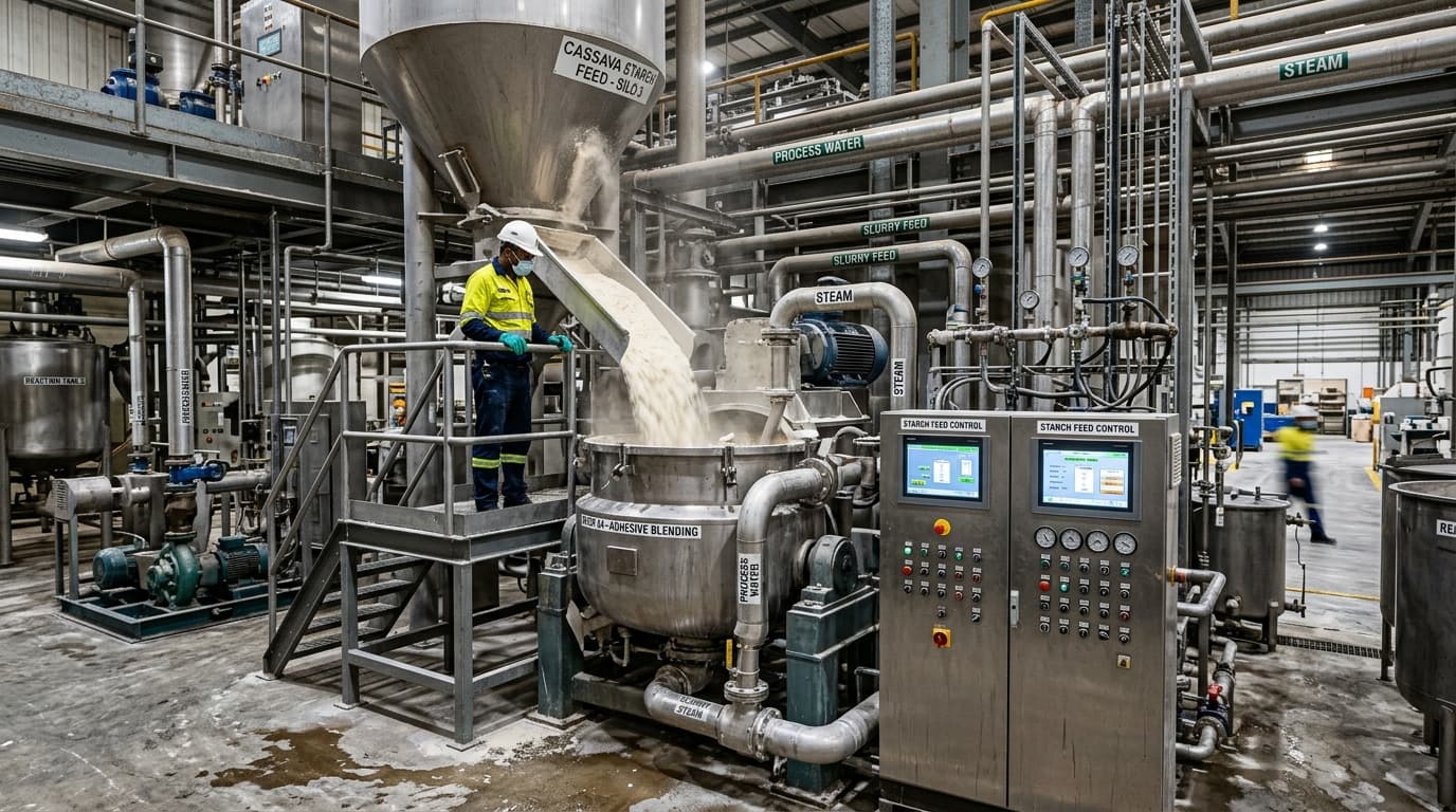 Línea de fabricación de adhesivos industriales o de papel donde el almidón de yuca se introduce en mezcladores — maquinaria, tuberías y paneles de control (imagen generada por IA)