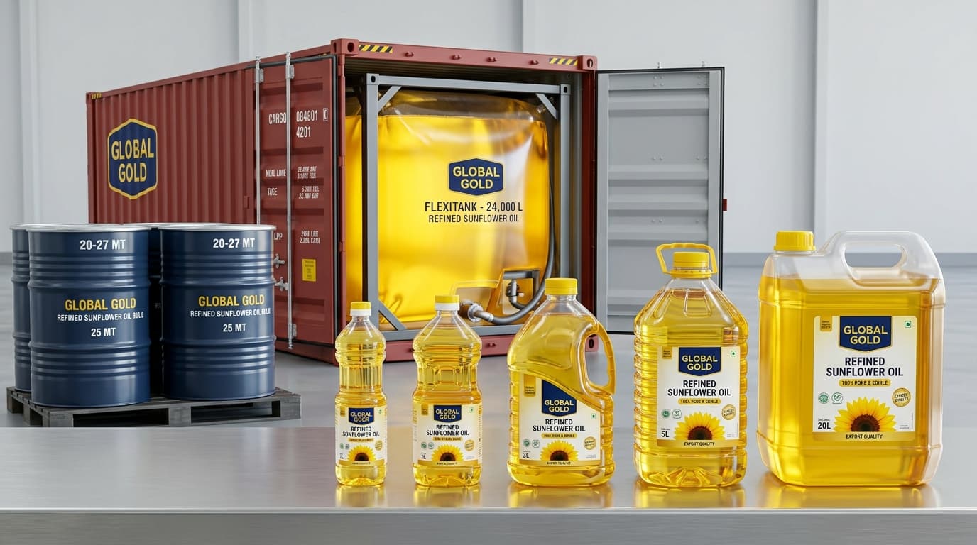 Refined sunflower oil packaging showcase featuring export-ready packaging, including transparent PET bottles of 1L, 2L, 3L, 5L, and 20L filled with bright golden refined sunflower oil. The display also includes industrial bulk drums (20–27 MT capacity) and a 24,000 L flexitank. (AI-generated image)