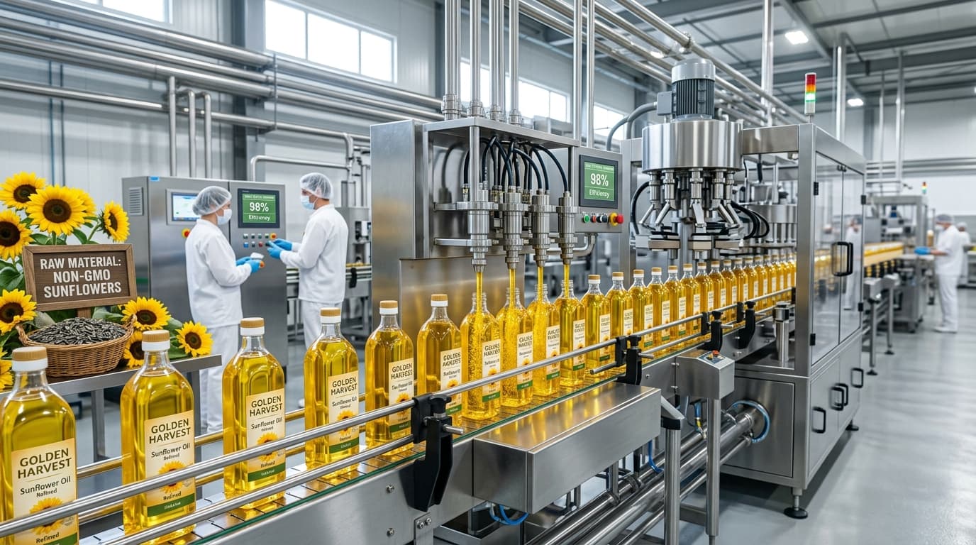 خط تعبئة زيت عباد الشمس (صورة مُولَّدة بالذكاء الاصطناعي)