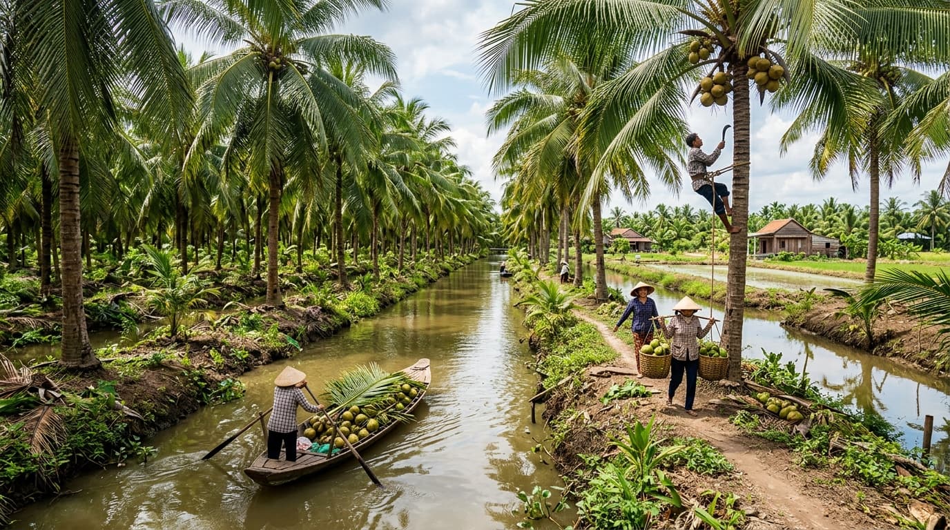 越南湄公河三角洲的椰子种植园（AI生成图像）。