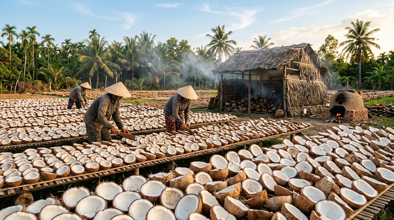 越南的椰干生产（AI生成的图像）。