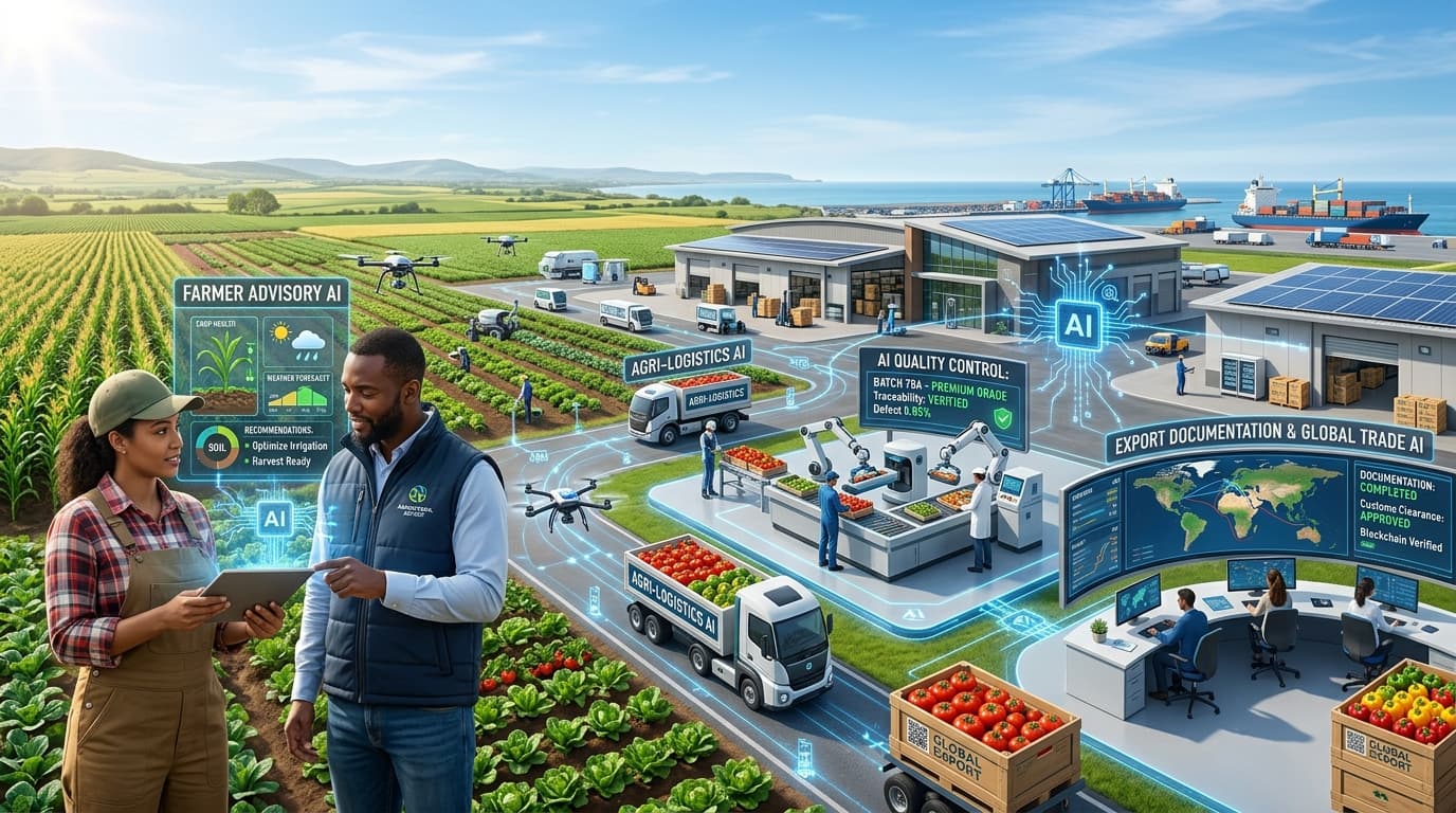 Una escena de una cadena de valor agrícola preparada para el futuro que muestra asesoramiento a los agricultores, logística, control de calidad y documentación de exportación conectados por IA (imagen generada por IA).