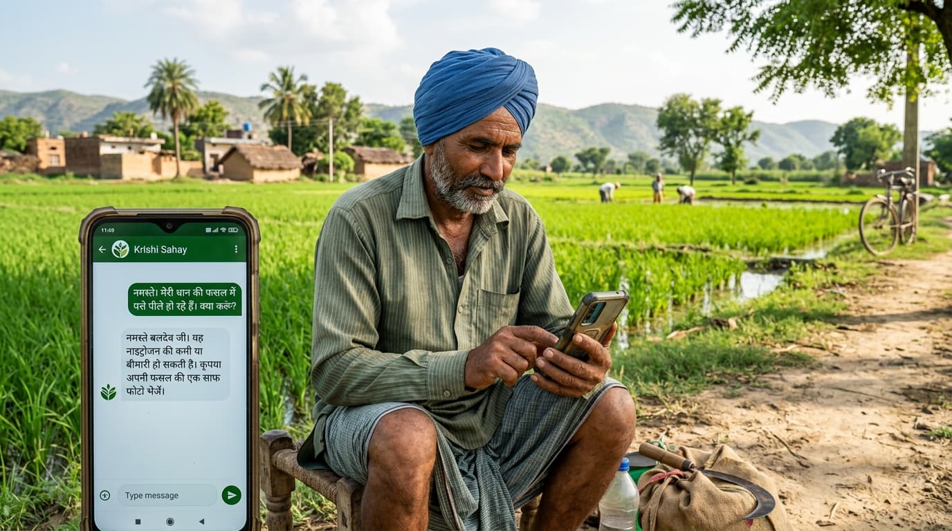 Un pequeño agricultor en la India utiliza un chatbot en un teléfono inteligente en un campo rural, recibiendo consejos sobre cultivos en un idioma local (imagen generada por IA).