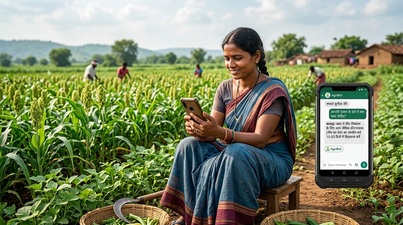 Um pequeno agricultor na Índia usa um chatbot em um smartphone em um campo rural, recebendo orientações sobre a colheita em um idioma local (imagem gerada por IA).