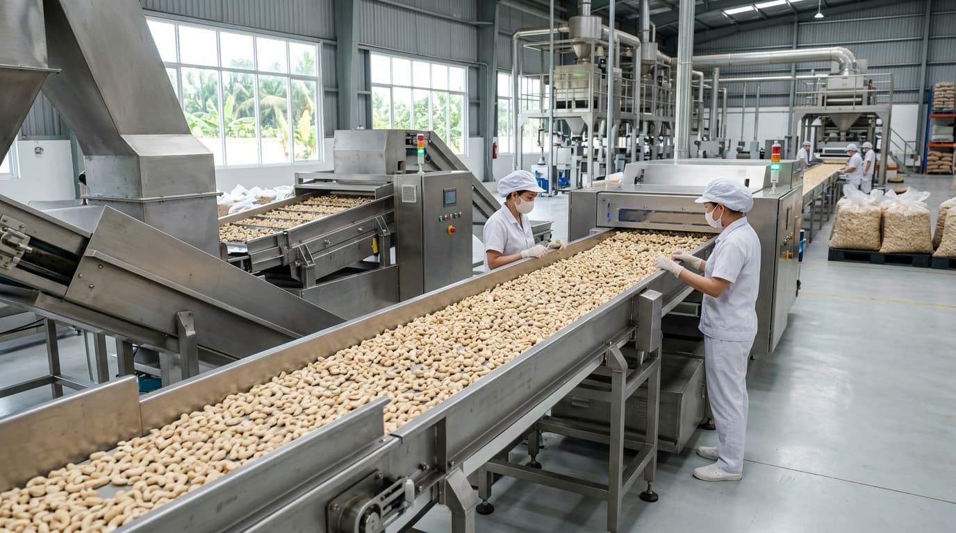 Cơ sở chế biến hạt điều của Việt Nam (hình ảnh do AI tạo ra).