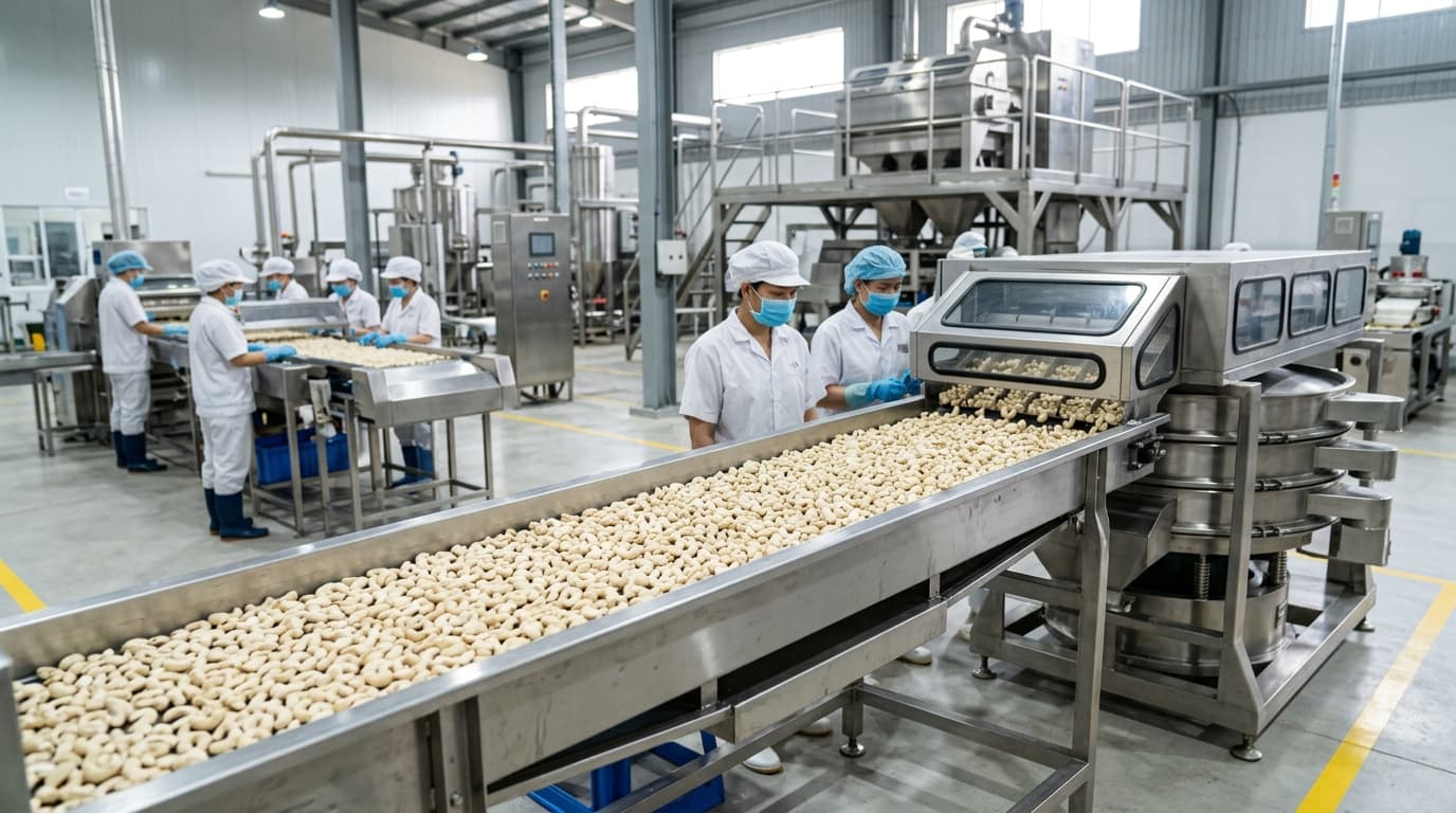 Una instalación de procesamiento de anacardos vietnamita (imagen generada por IA).