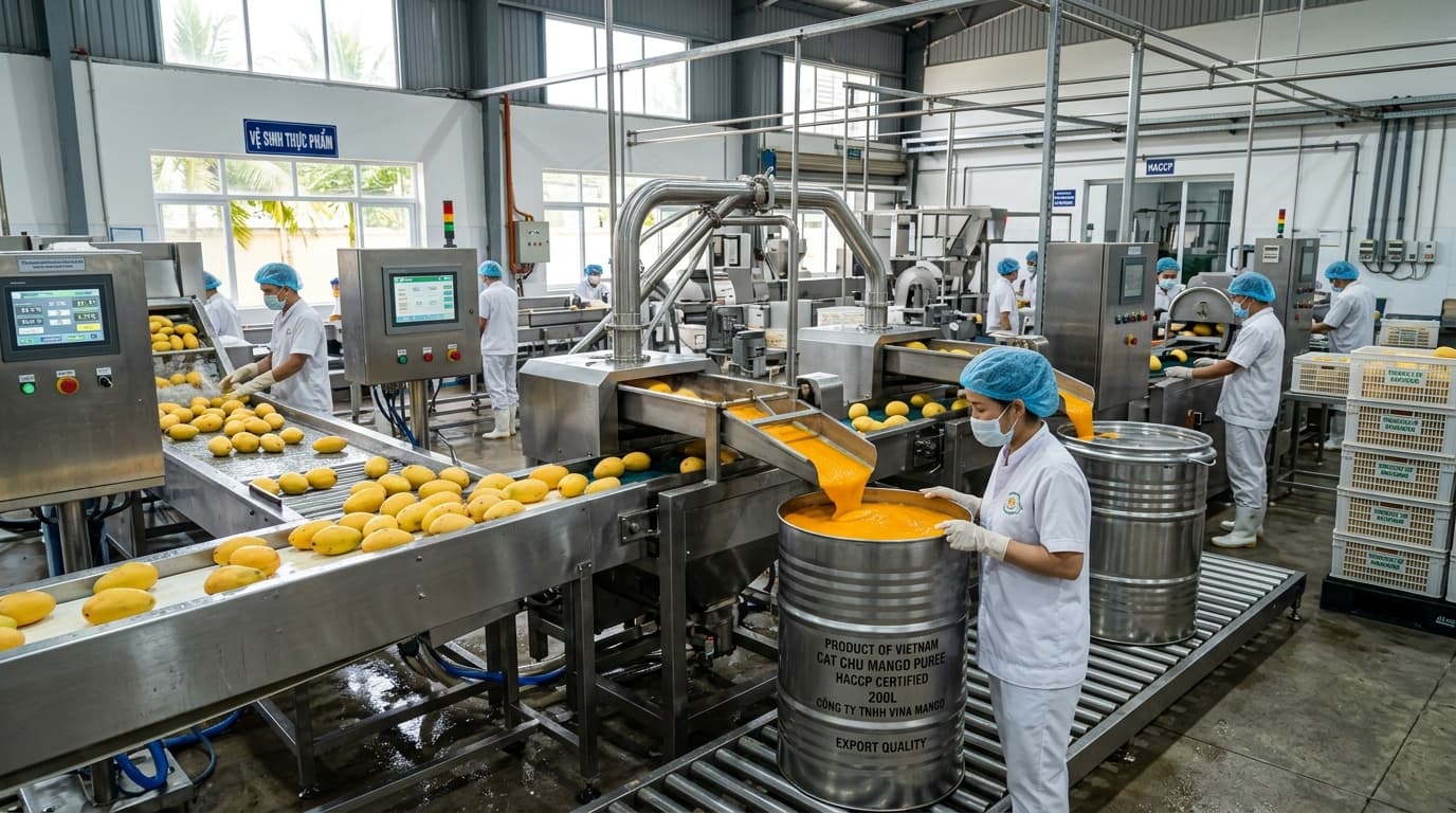 Dây chuyền sản xuất puree xoài Việt Nam (hình ảnh do AI tạo ra).