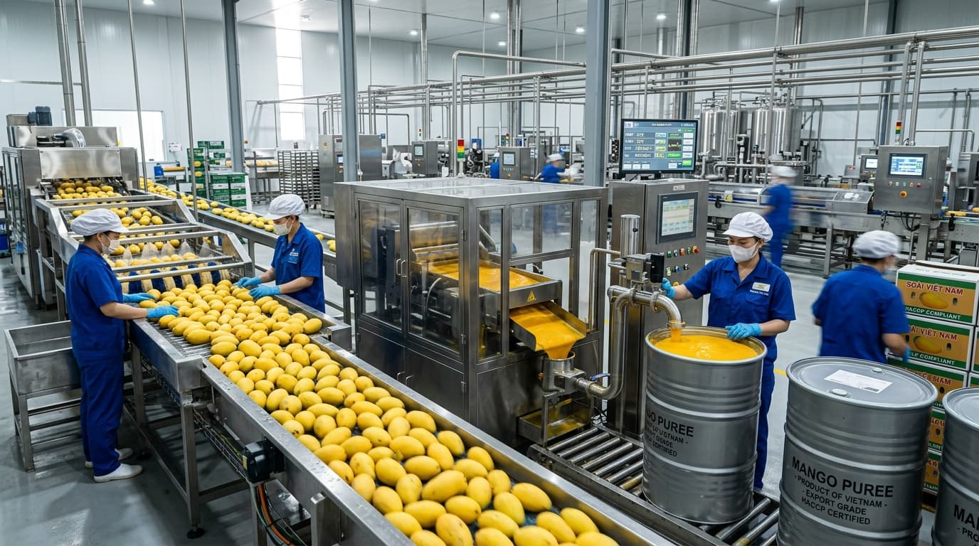 Línea de producción de puré de mango vietnamita (imagen generada por IA).