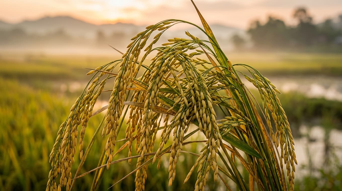 Plants de riz vietnamiens matures dans une rizière, prêts à être récoltés (image générée par IA).
