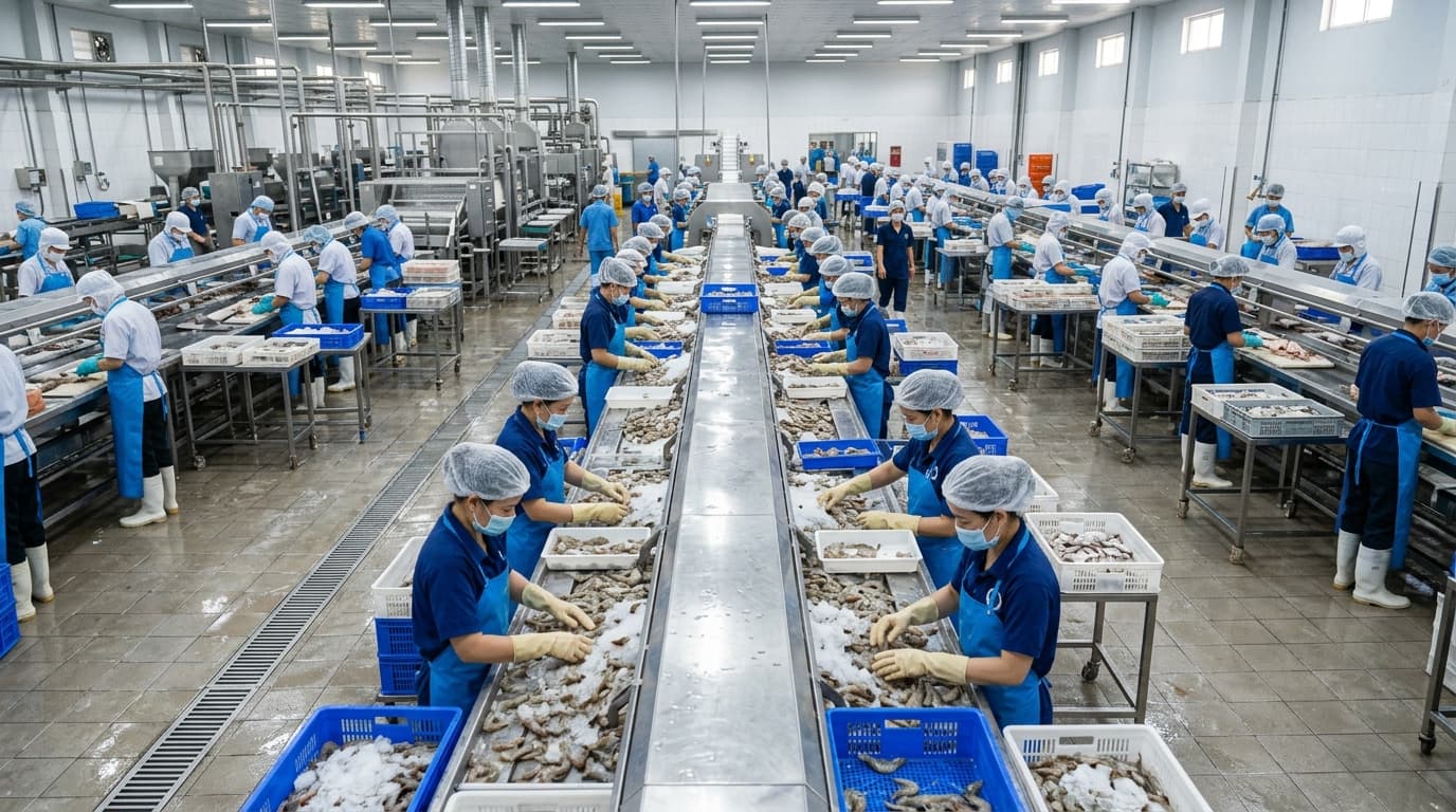 Nhà máy chế biến hải sản tại Việt Nam (hình ảnh do AI tạo ra)