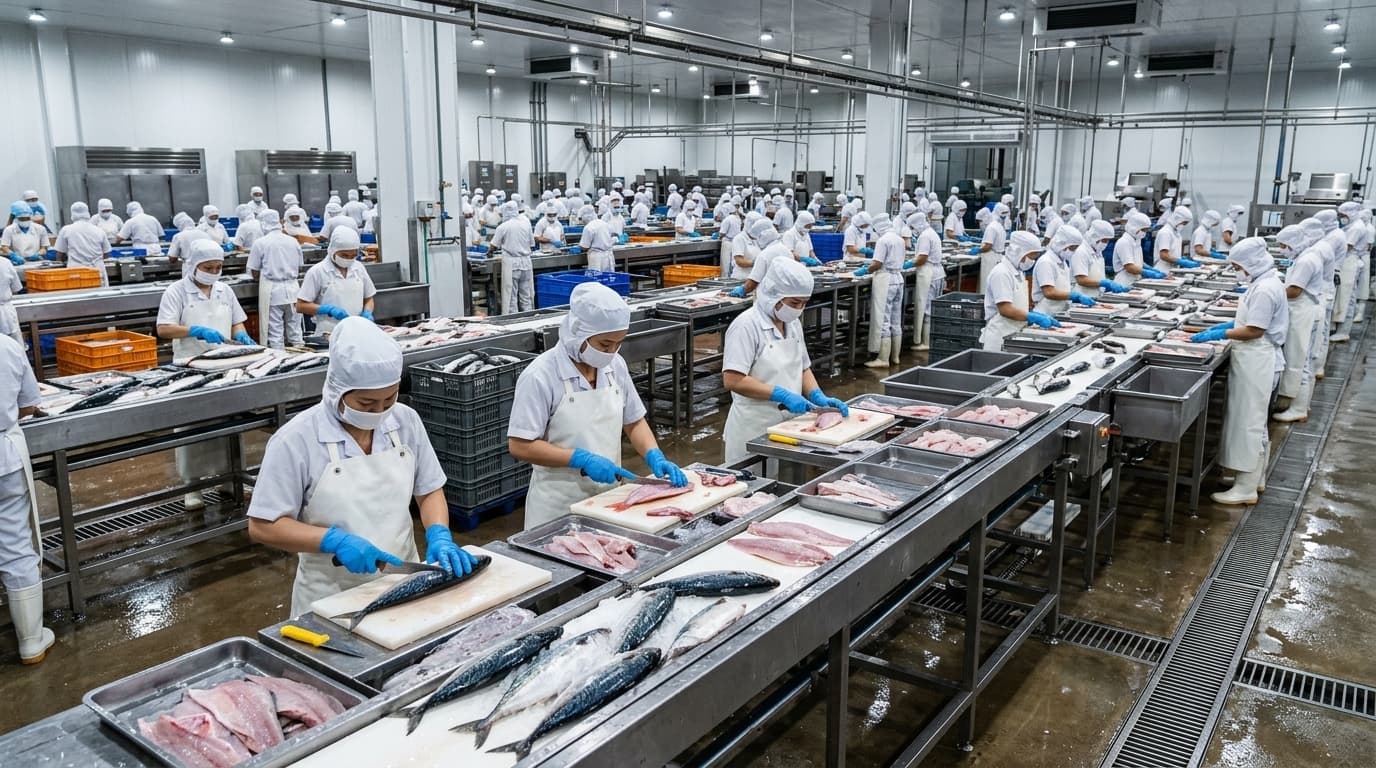 Vietnam'da bir deniz ürünleri işleme tesisi (YZ tarafından oluşturulan görsel).