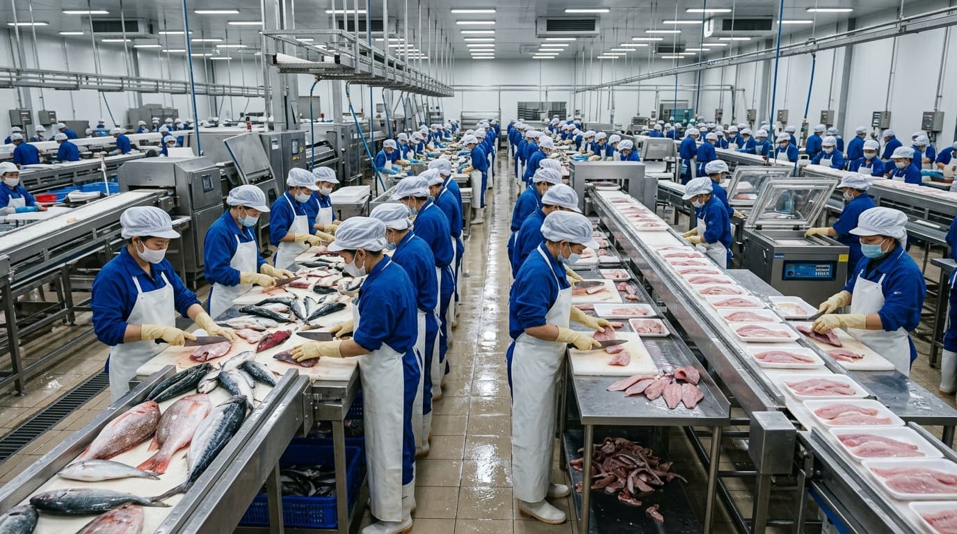 Planta de procesamiento de productos del mar en Vietnam (imagen generada por IA).